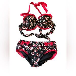 Hot Topic Polka Dot Rose Skull Bikini Sz XS Top M Bottom Black Red Ruffles Bows